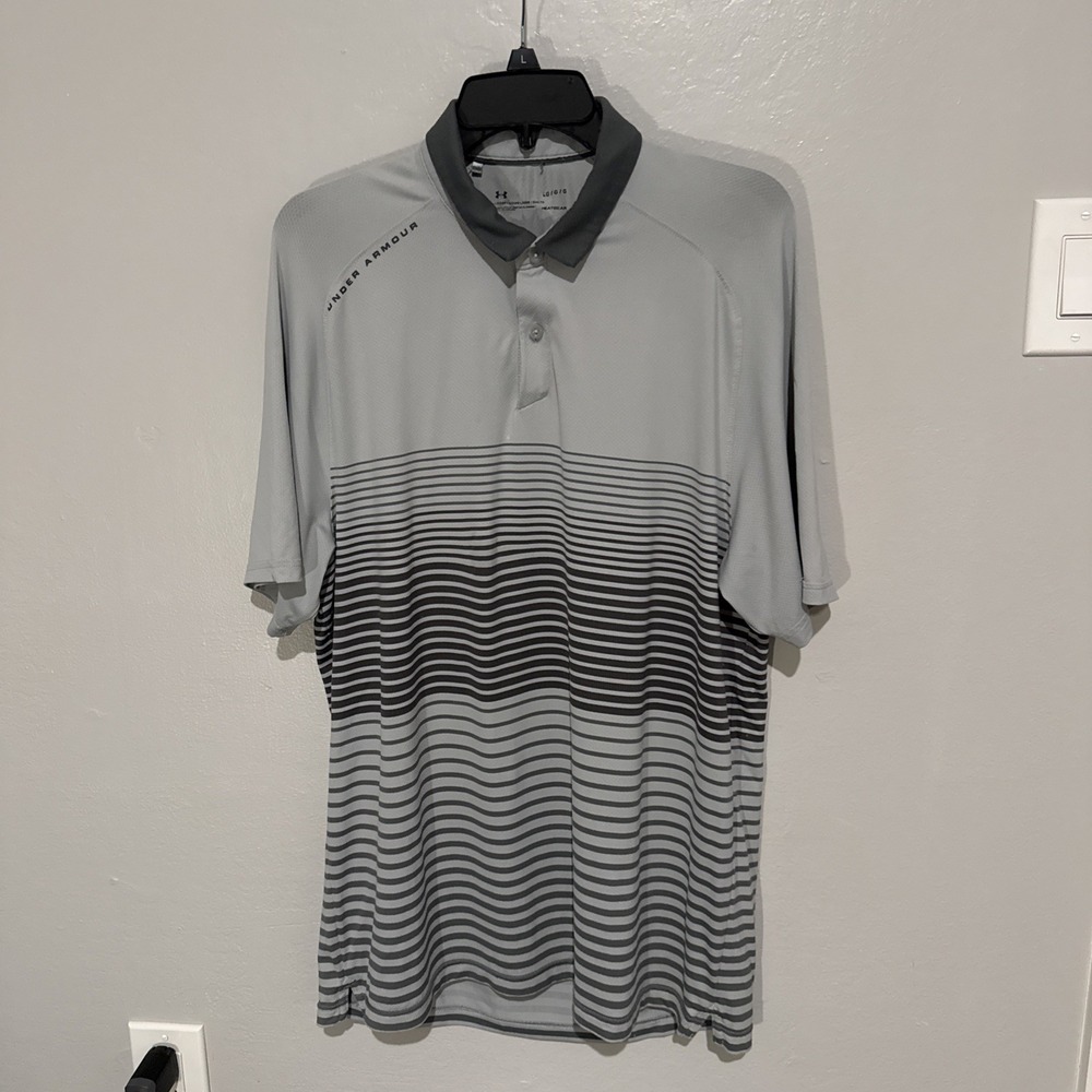 Under Armour Mens Gray Striped HeatGear Golf Polo Shirt Size L Loose Fit